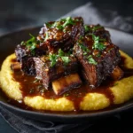 Short ribs served on creamy polenta with fresh herbs