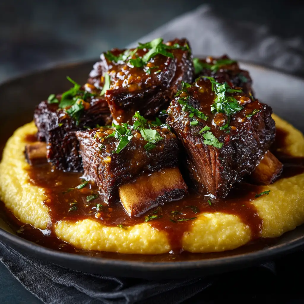 Short ribs served on creamy polenta with fresh herbs