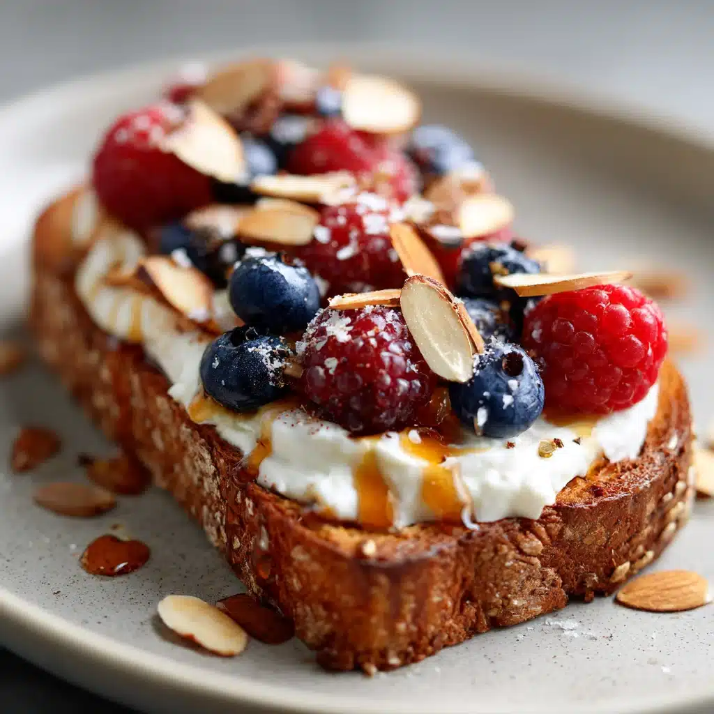 Cottage cheese toast topped with berries, almonds, and honey