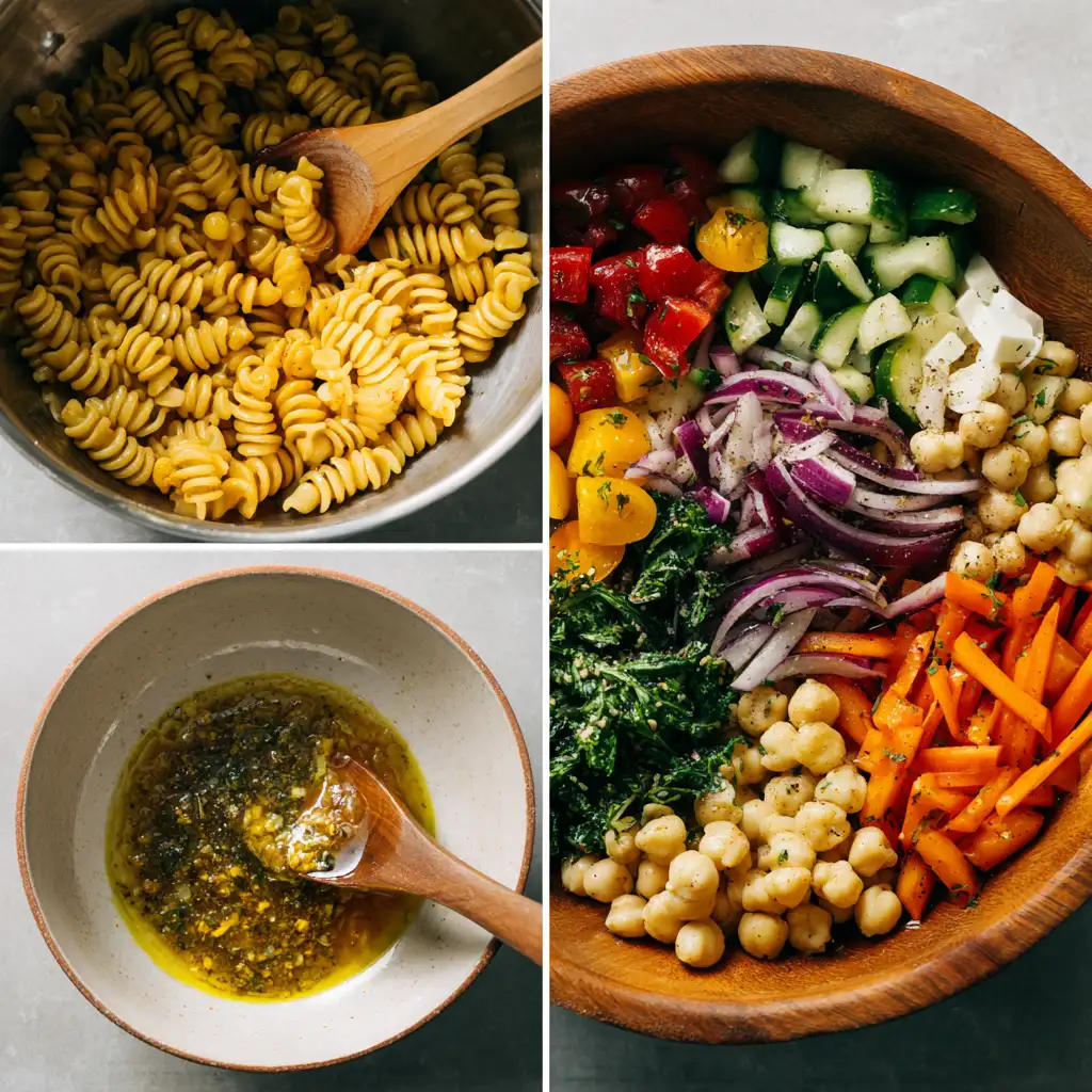 Cooking process of high protein pasta salad with pasta, vegetables, and dressing