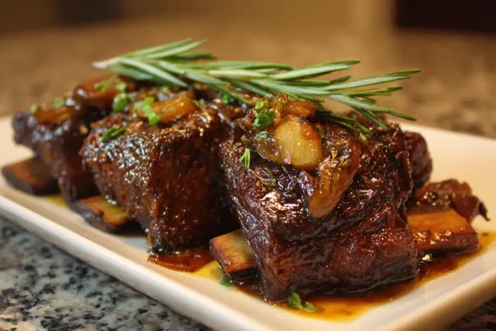 Juicy short ribs in crock pot served over mashed potatoes with rich sauce