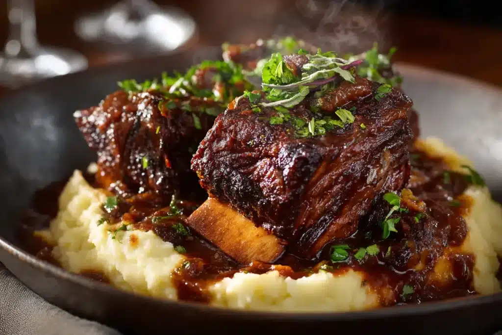 Juicy short ribs in crock pot served over mashed potatoes with rich sauce