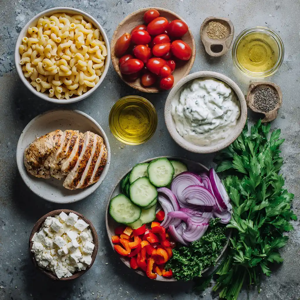 Ingredients for high protein pasta salad arranged on a kitchen counter