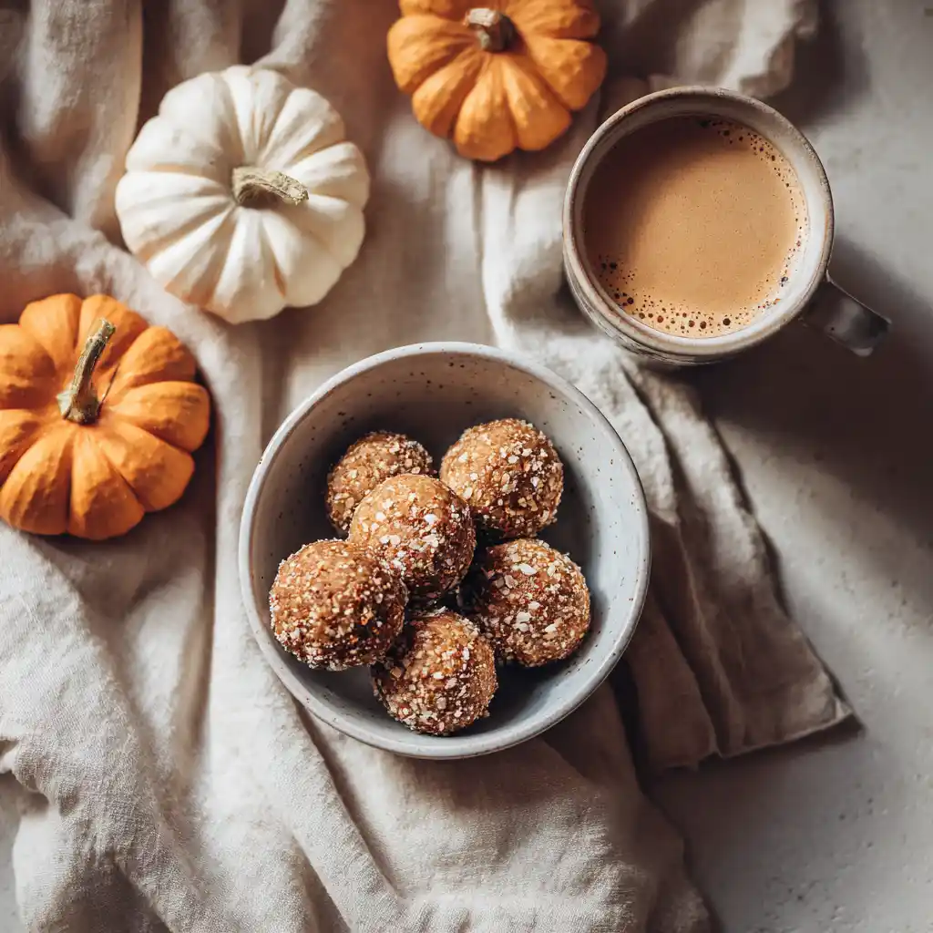 Pumpkin protein balls served next to chai and fall decor