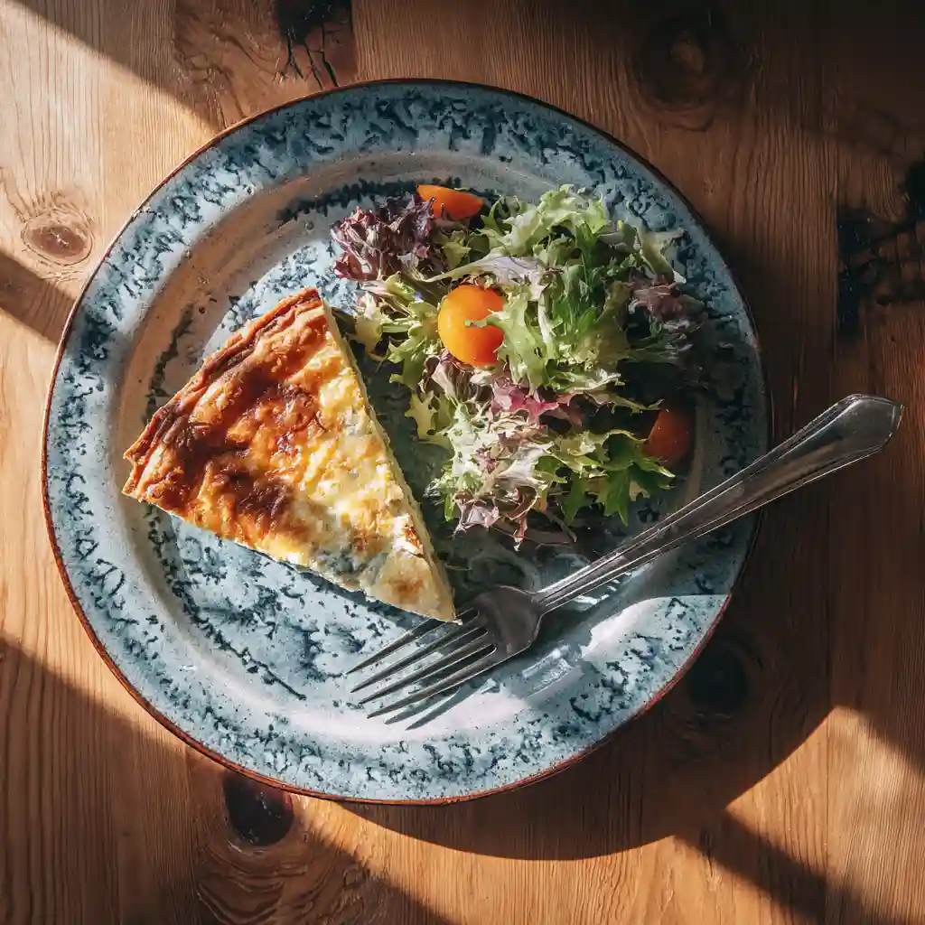 Slice of cottage cheese quiche with a side salad and fork on a ceramic plate