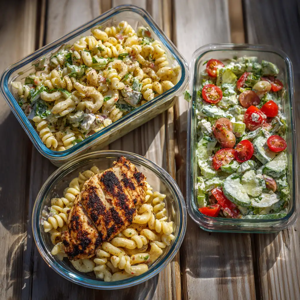 Different serving styles of high protein pasta salad in a lunchbox, large bowl, and single plate