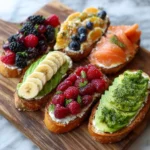 Variety of cottage cheese toast recipes served on a rustic board