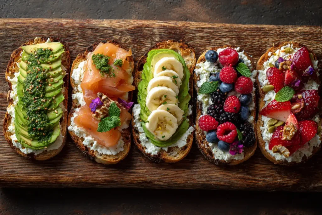 Variety of cottage cheese toast recipes served on a rustic board
