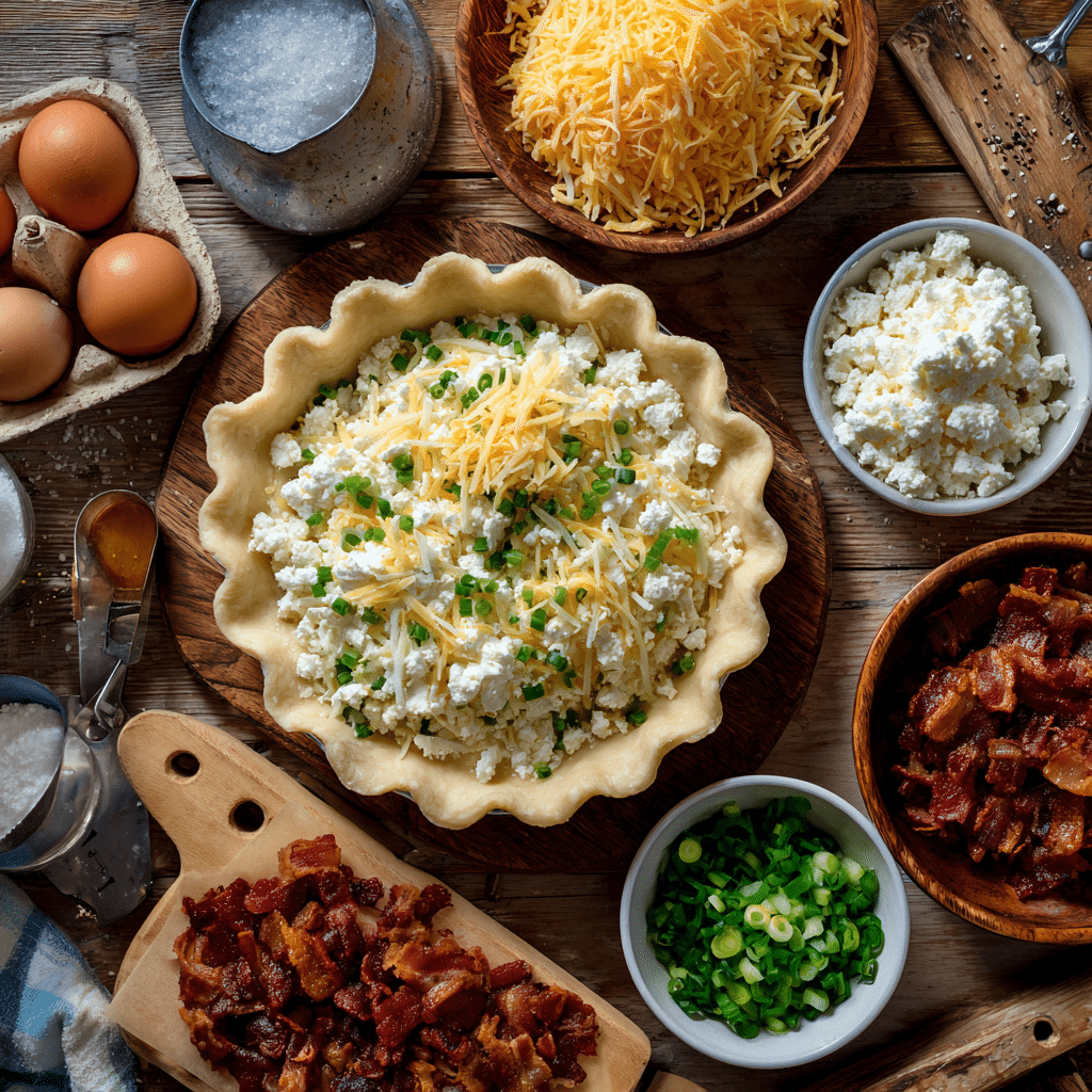 Ingredients laid out for making a cottage cheese quiche, including eggs and scallions