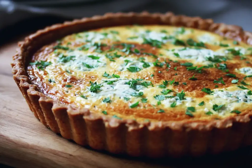 Freshly baked cottage cheese quiche with crispy edges and melted cheddar cheese