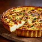 Freshly baked cottage cheese quiche with crispy edges and melted cheddar cheese