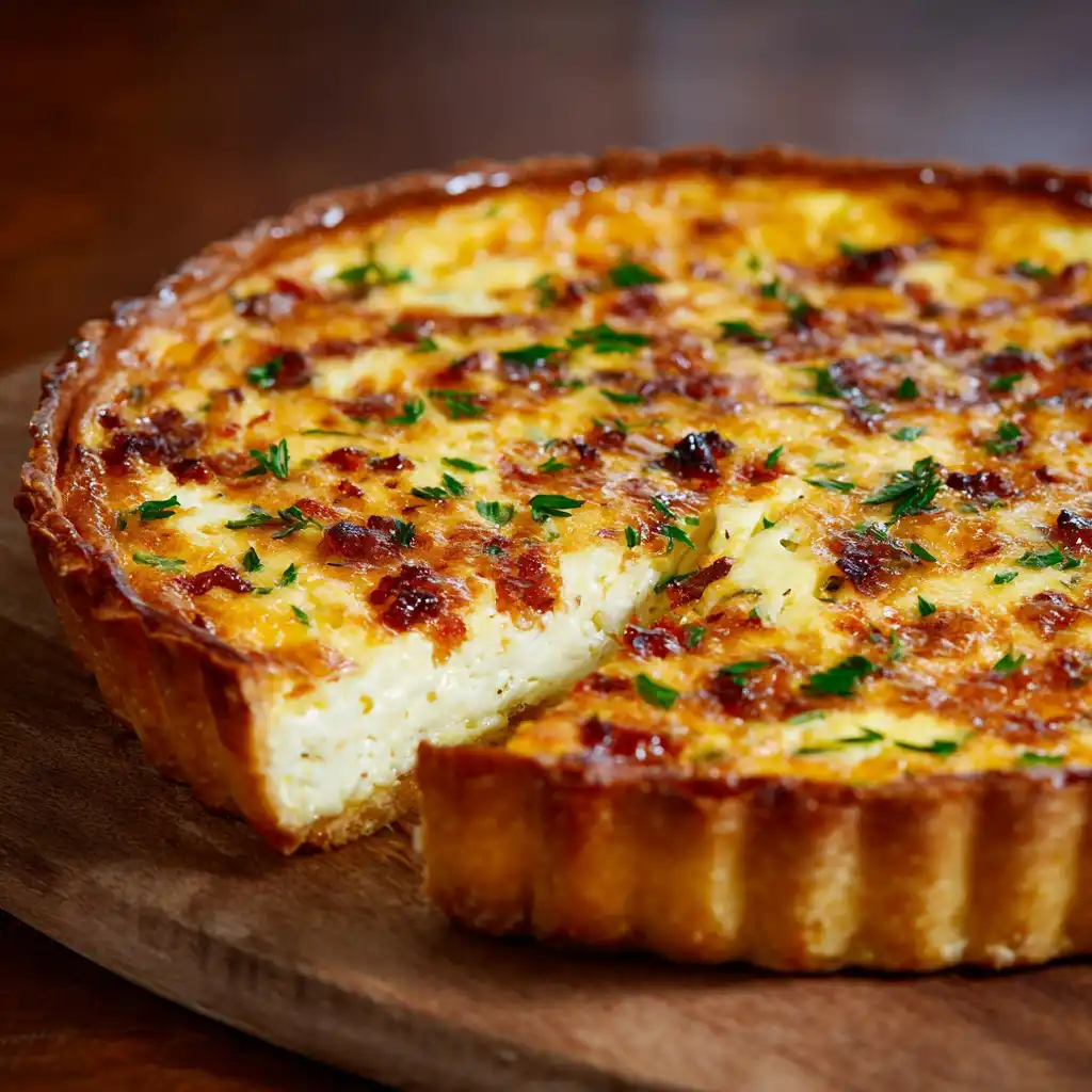 Freshly baked cottage cheese quiche with crispy edges and melted cheddar cheese