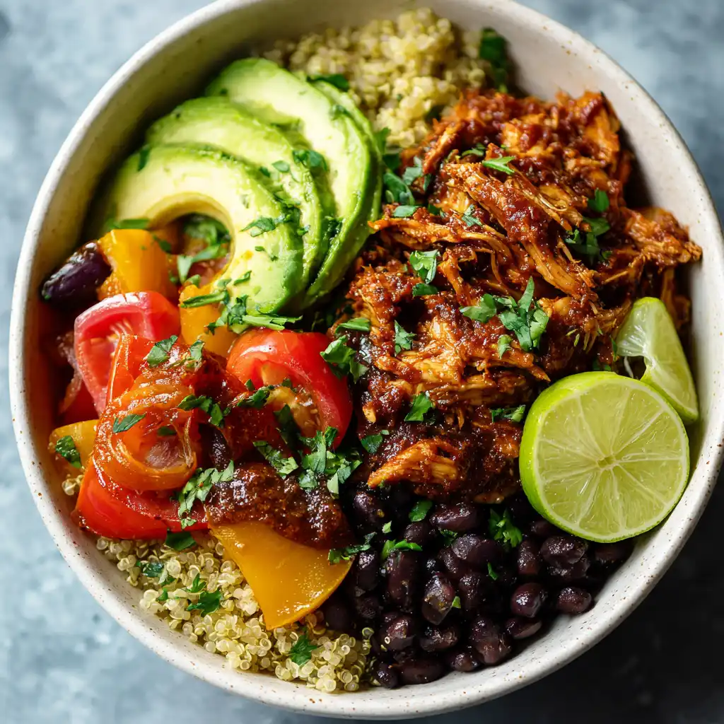 A protein bowl featuring BBQ chicken, avocado, quinoa, and veggies