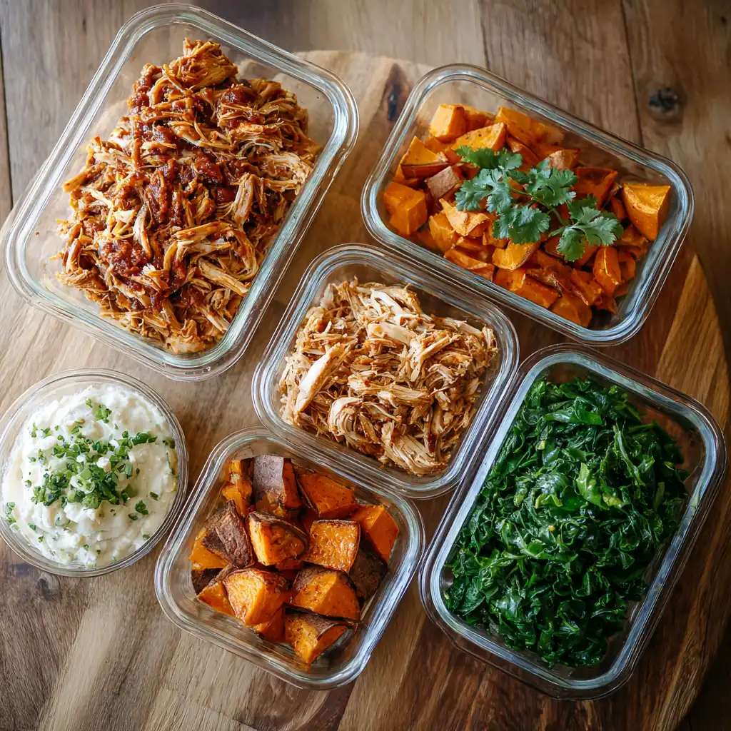Glass containers filled with BBQ chicken, sweet potatoes, and greens