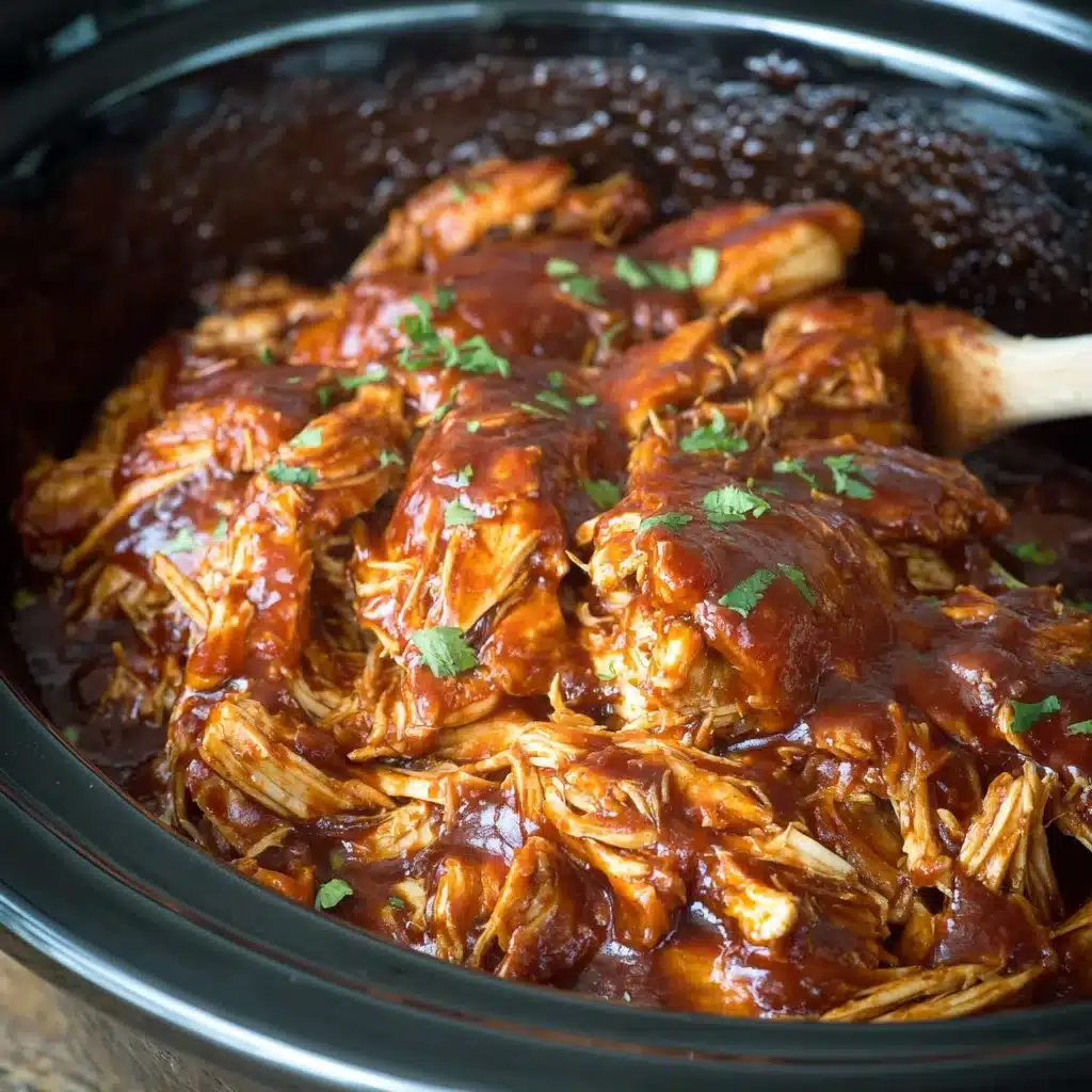 Overhead view of Crock Pot BBQ chicken in a slow cooker with barbecue sauce