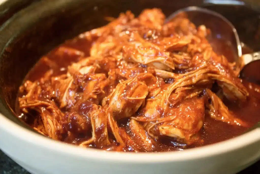 Overhead view ofCrock Pot BBQ chicken in a slow cooker with barbecue sauce