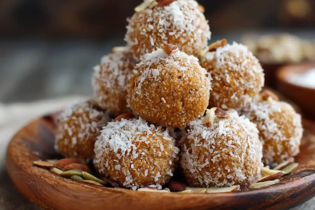 A batch of no-bake pumpkin protein balls styled with cinnamon and oats