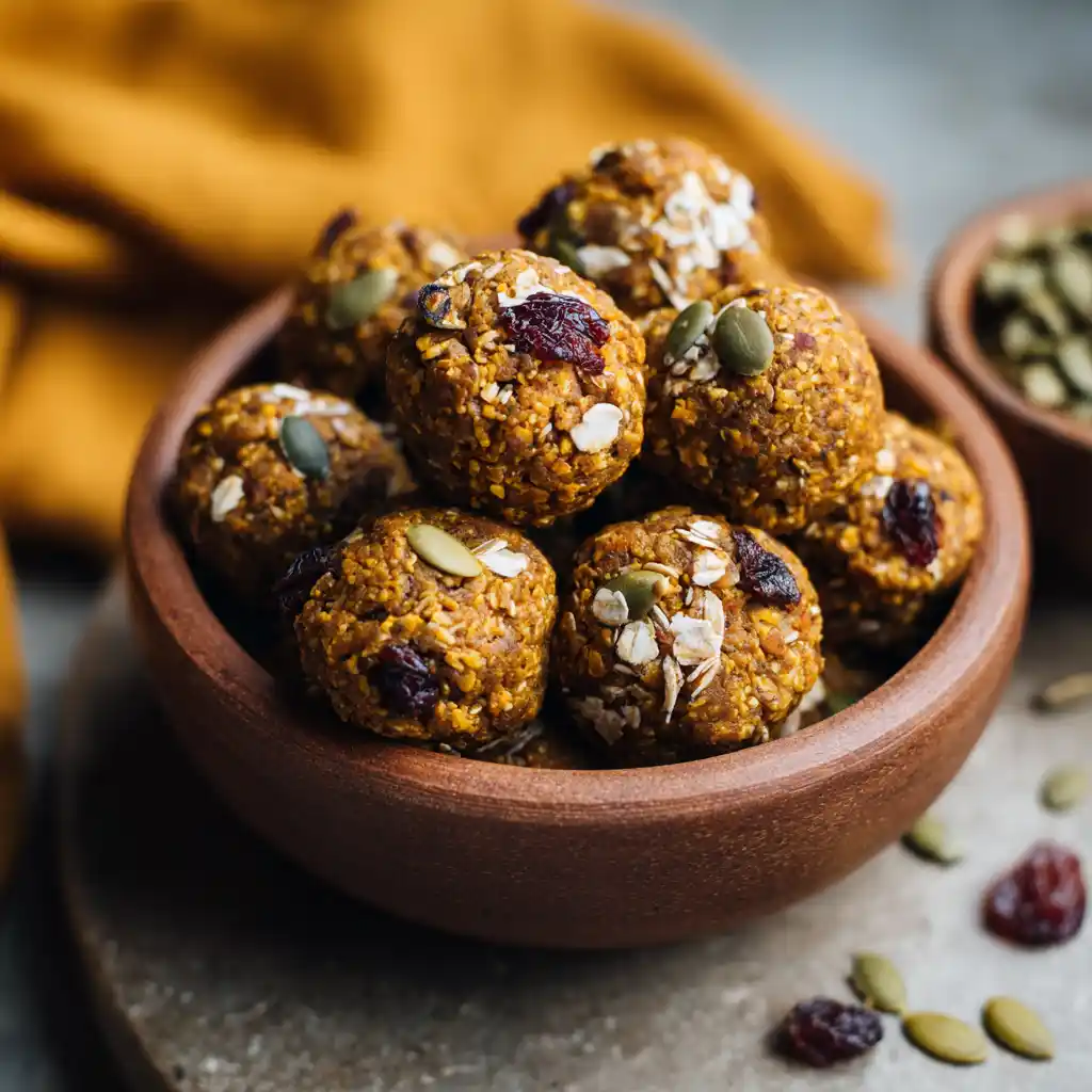 A batch of no-bake pumpkin protein balls styled with cinnamon and oats