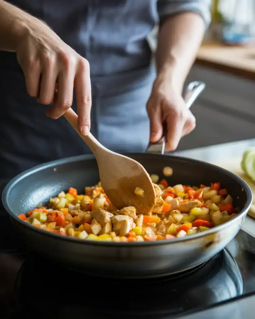 Chicken and swiss chard cooking in a hot skillet with steam rising