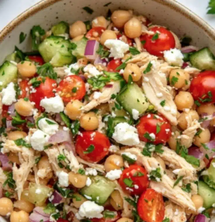 Chicken and chickpea salad in a bowl, garnished with fresh herbs