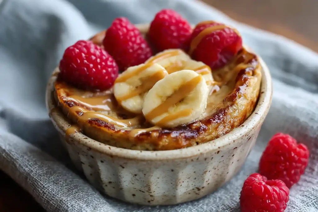 Baked protein pancake bowls topped with fruits and nuts