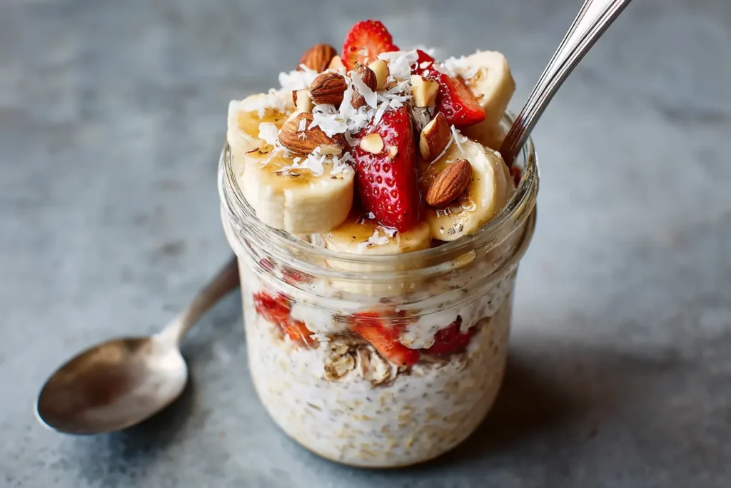 Bowl of protein-packed overnight oats topped with fruits and nuts