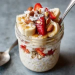 Bowl of protein-packed overnight oats topped with fruits and nuts