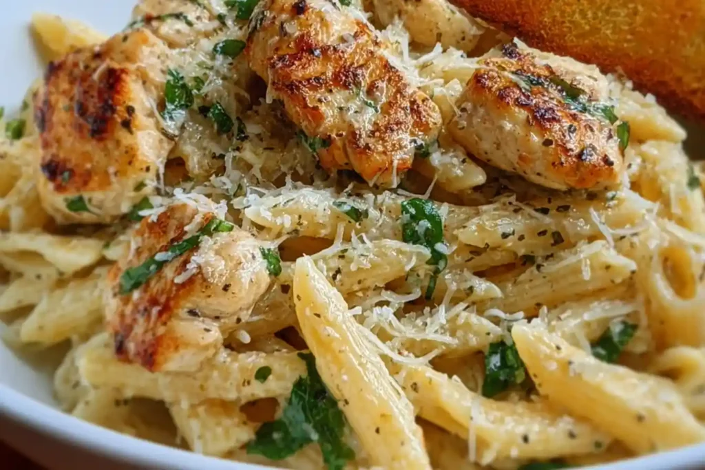Creamy garlic Parmesan chicken pasta served in a bowl with herbs