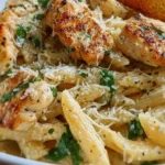 Creamy garlic Parmesan chicken pasta served in a bowl with herbs