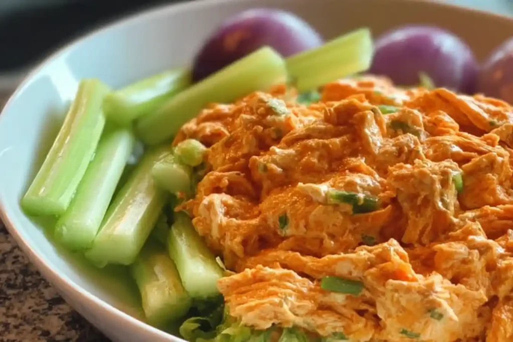 High protein buffalo chicken salad with fresh ingredients in a bowl