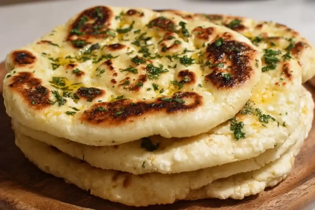 Freshly baked Cottage Cheese Garlic Naan topped with garlic and herbs