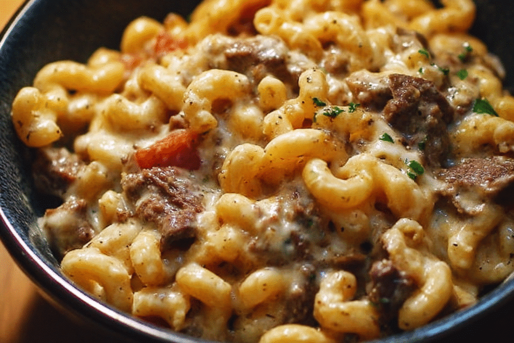 High-Protein Creamy Philly Cheesesteak Mac & Cheese served in a bowl