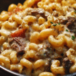 High-Protein Creamy Philly Cheesesteak Mac & Cheese served in a bowl