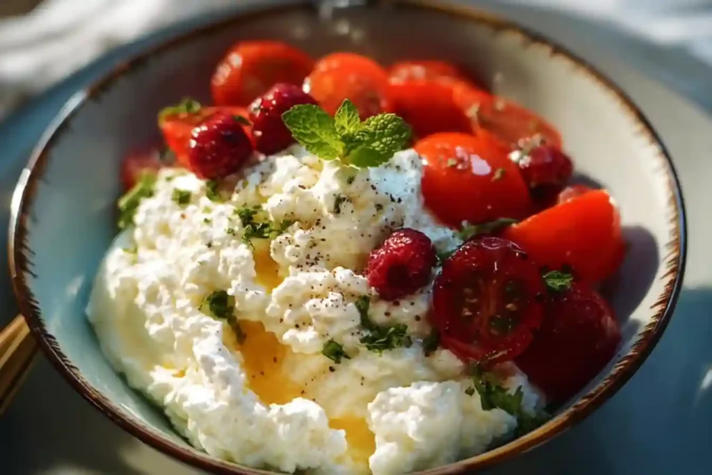Healthy Cottage Cheese Protein Bowl with fruits and nuts