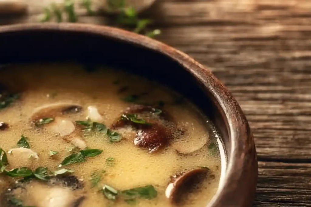 A bowl of low calorie high protein soup garnished with fresh herbs and vegetables