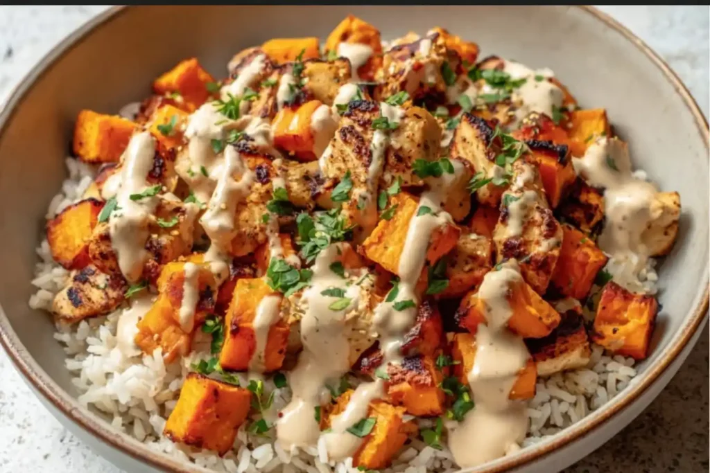 Healthy chicken rice bowl with sweet potatoes and vegetables for a nutritious meal.