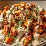 Healthy chicken rice bowl with sweet potatoes and vegetables for a nutritious meal.
