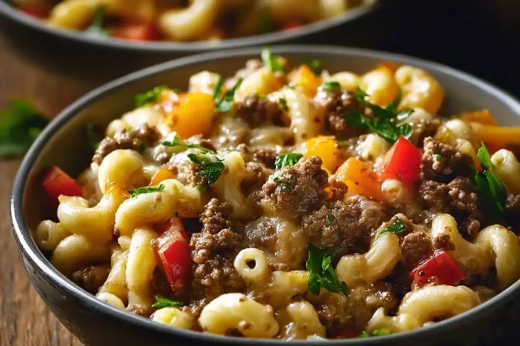 Creamy Philly cheesesteak mac and cheese in a bowl with cheese and steak.