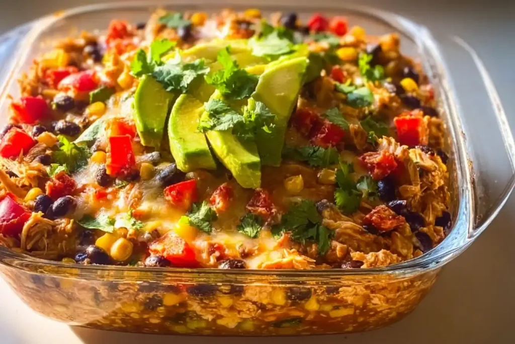 Delicious chicken enchilada bowl with cottage cheese and toppings.