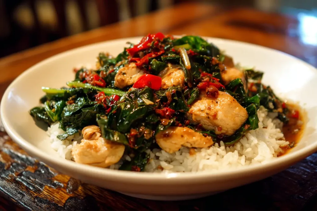Chicken stir fry with swiss chard served in a rustic ceramic bowl