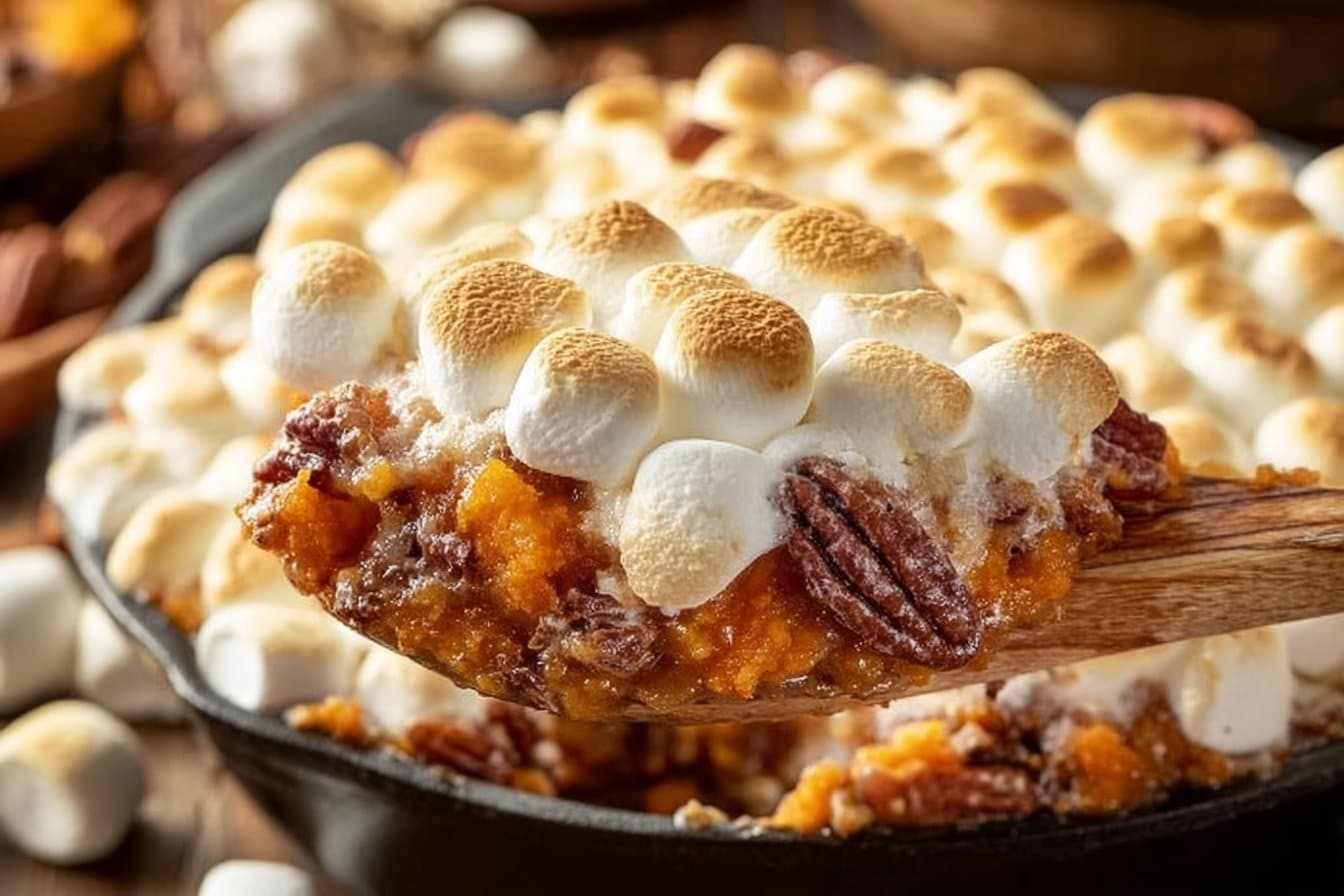 Sweet Potato Casserole with Marshmallows and Pecans 4 Sweet Potato Casserole with Marshmallows and Pecans