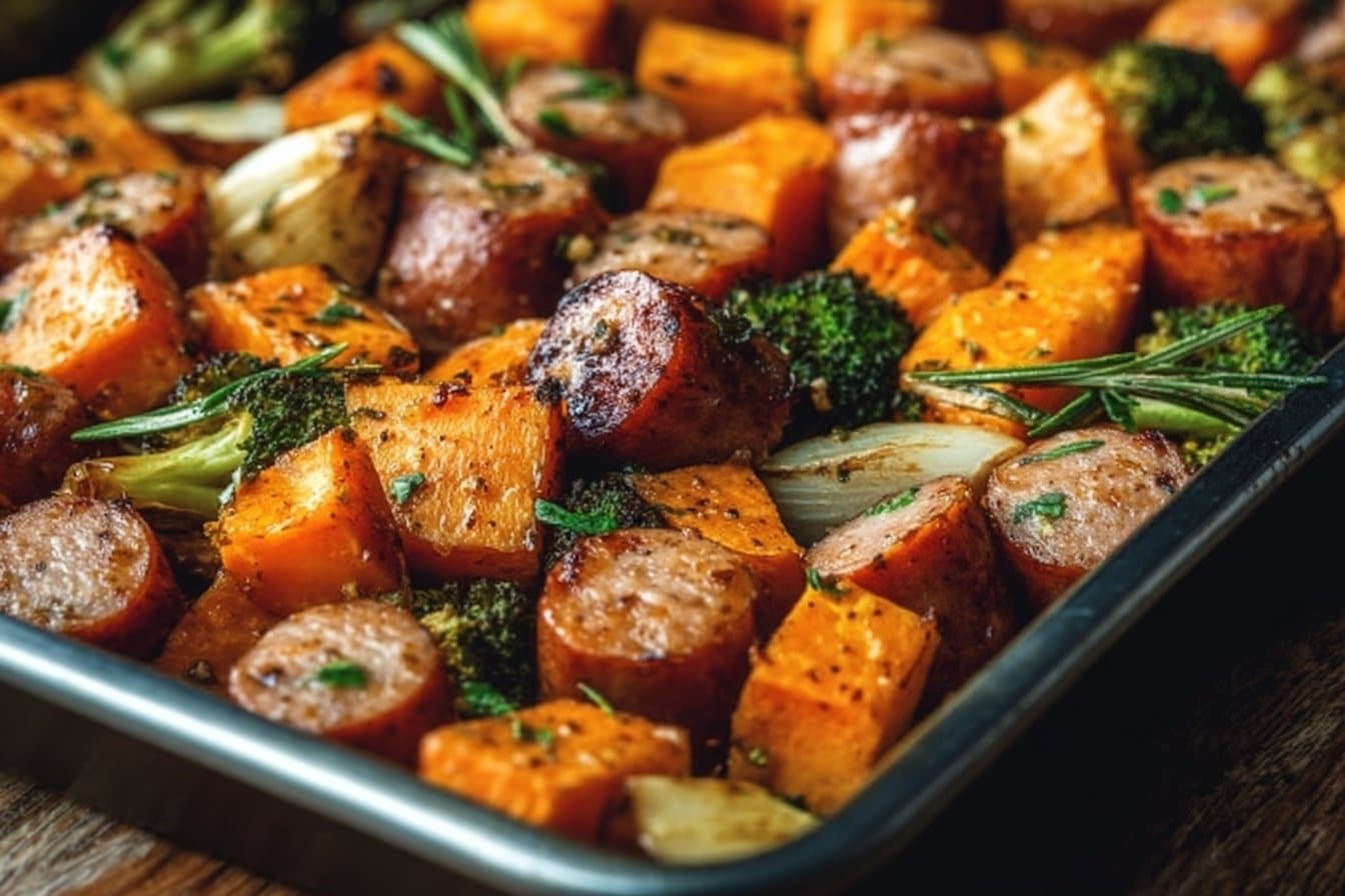 Sheet Pan Sausage and Sweet Potatoes with Honey Garlic Sauce | Easy Weeknight Dinner 4 Sheet Pan Sausage and Sweet Potatoes with Honey Garlic Sauce | Easy Weeknight Dinner