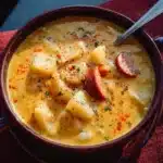 Bowl of flavorful Cajun Potato Soup garnished with green onions and spices
