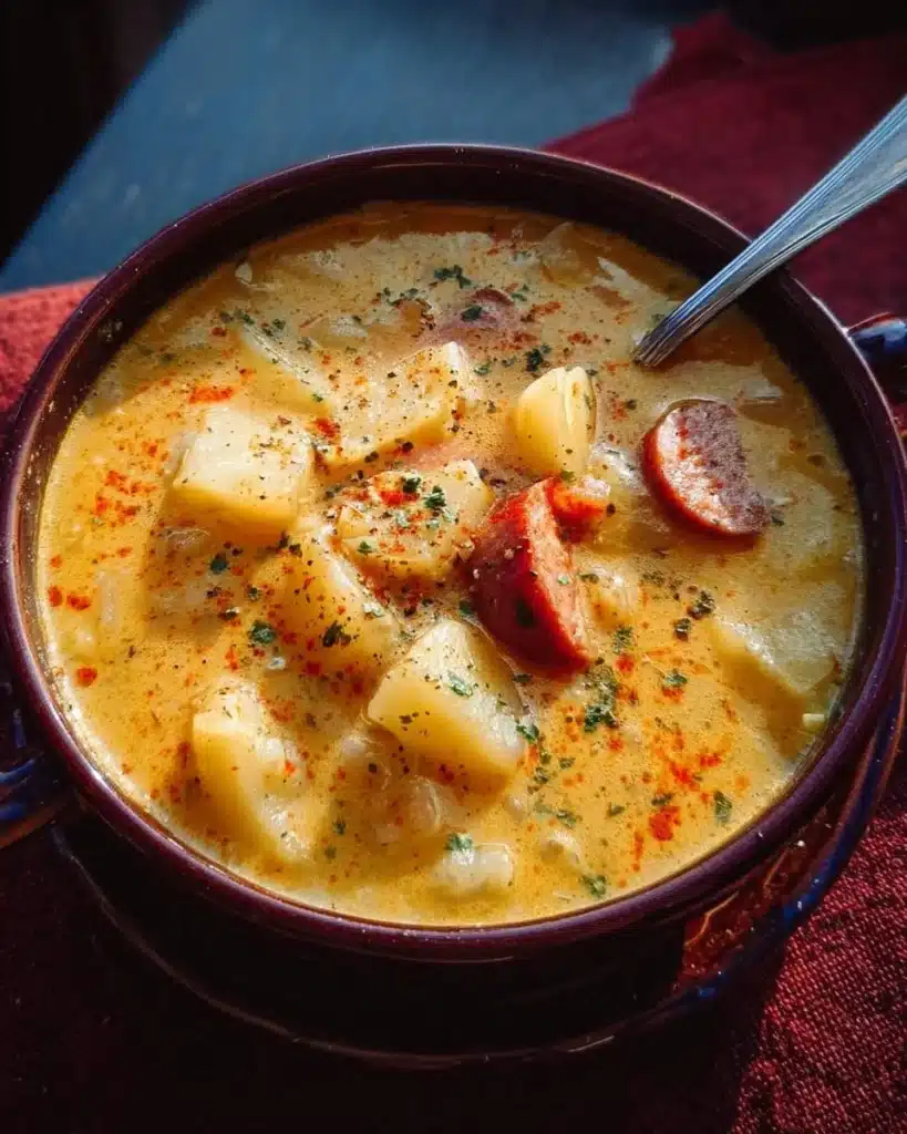 Bowl of flavorful Cajun Potato Soup garnished with green onions and spices