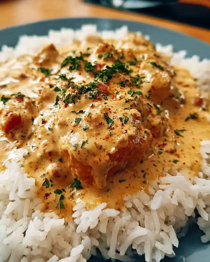 Delicious creamy smothered chicken served over rice.