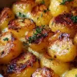 Delmonico-style potatoes served on a white plate, garnished with herbs.