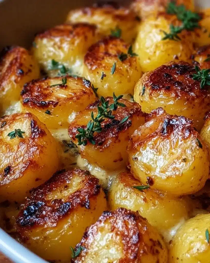 Delmonico-style potatoes served on a white plate, garnished with herbs.