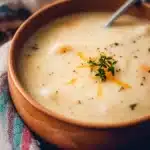 Creamy and delicious easy potato soup in a bowl garnished with herbs