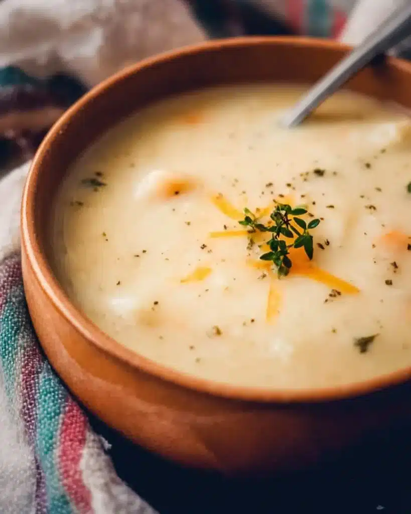 Creamy and delicious easy potato soup in a bowl garnished with herbs