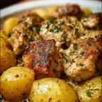 Garlic Parmesan Chicken and Potatoes cooked in a crockpot for flavorful meal